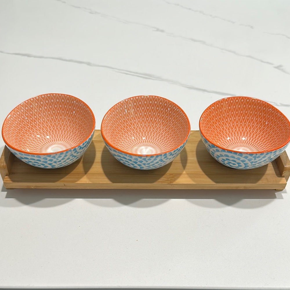 Certified International Orange and Blue Bowls with Tray